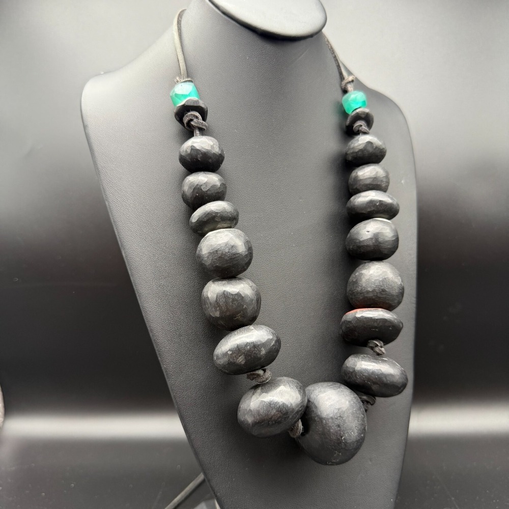 Bold Tribal Statement Necklace | Faux Wood Resin Beads with Color Accents |
